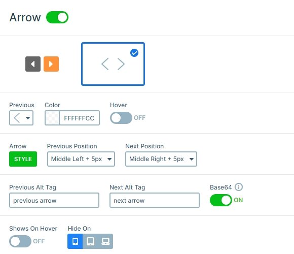 Settings of the Arrow control