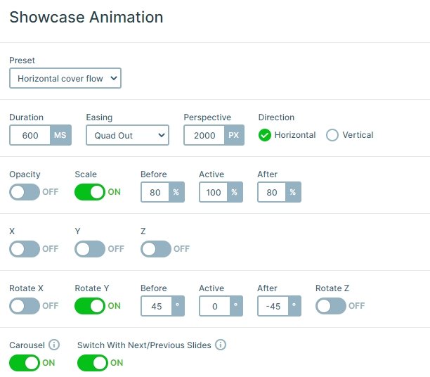 Showcase slider settings