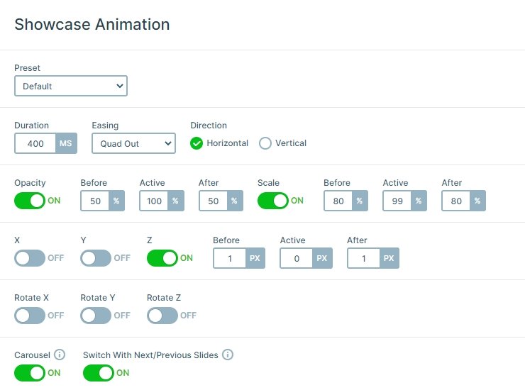 Showcase animation settings