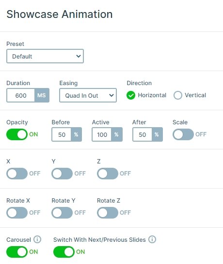 Settings of the showcase slider