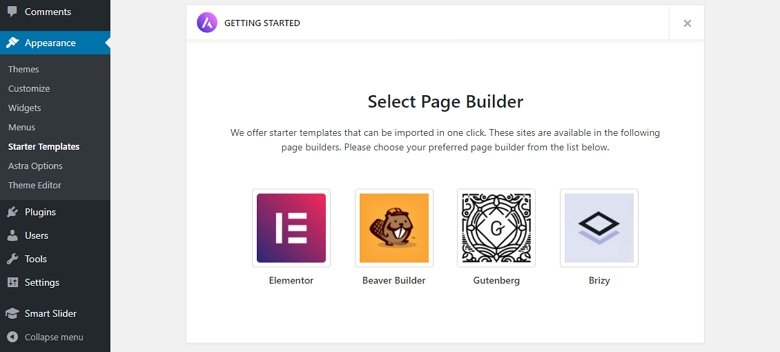 Select your page builder in Starter Templates