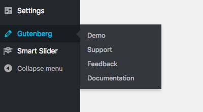 Gutenberg menu in sidebar