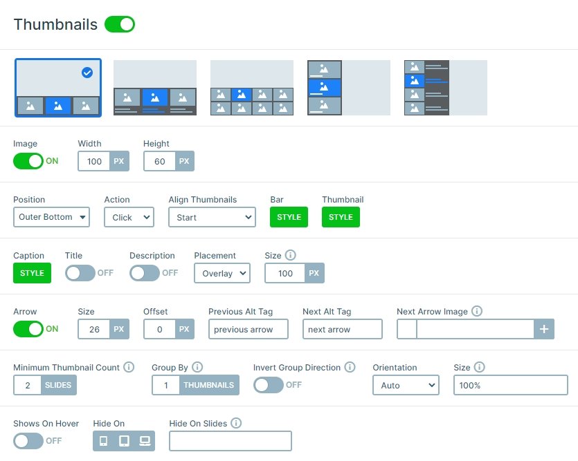 Thumbnails control settings