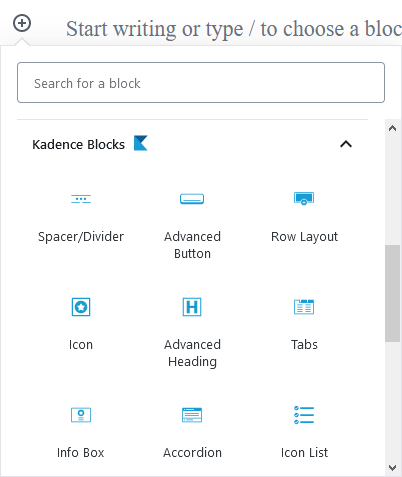 Some of the blocks Kadence Blocks plugin offers