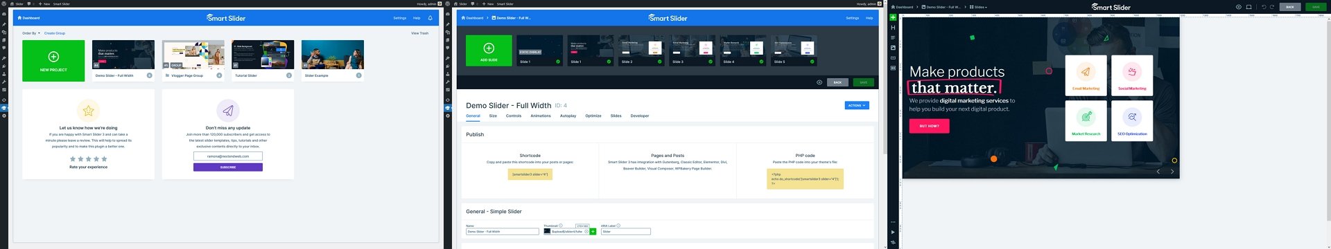 Smart Slider levels: Dashboard (left), Slider Settings (middle), Slide Editor (right)