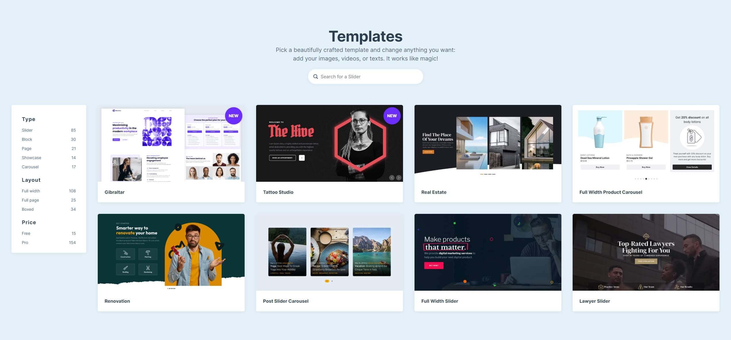 Page slider templates