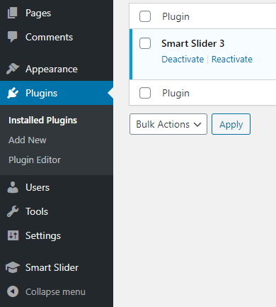 Where to find Smart Slider in the Plugins section in your WordPress dashboard