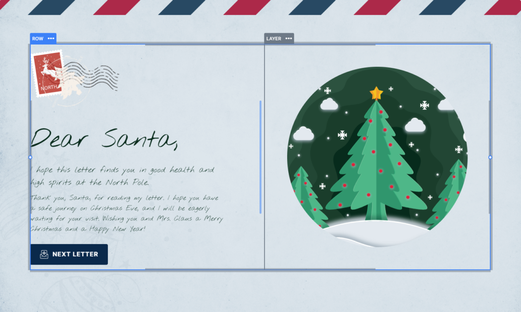 Two column one row layout in the Christmas Postcards template.