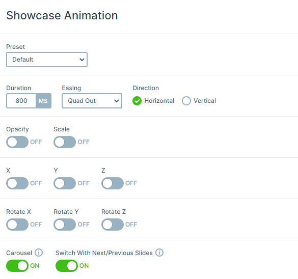 Showcase slider animation settings in Smart Slider