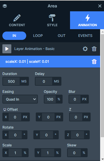 Area layer IN animation settings