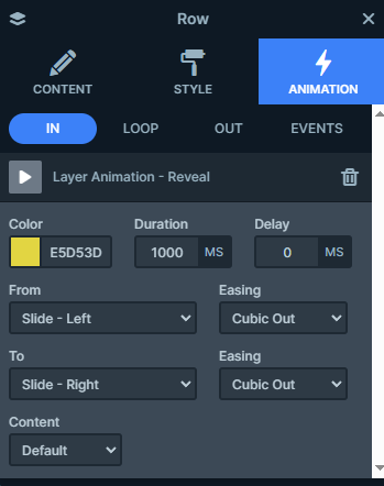 Reveal animation settings in the Ride & connect slider
