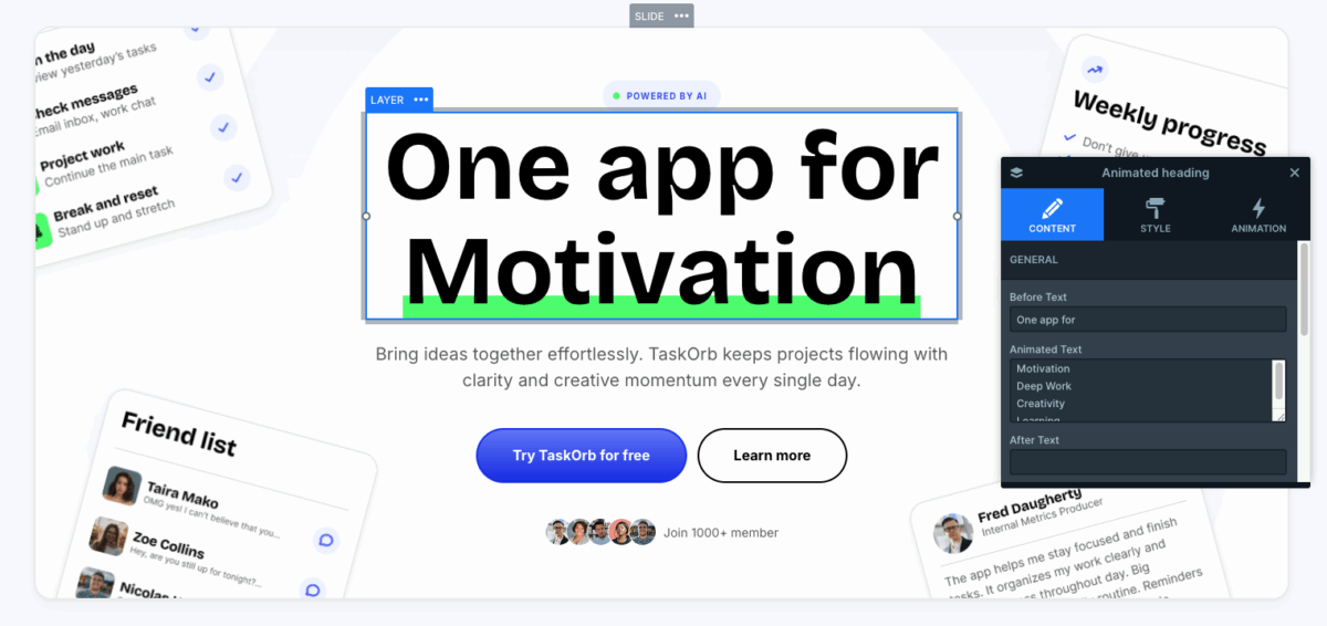 Animated heading layer in the Productivity app slider