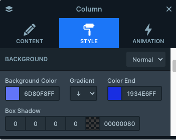 Column gradient settings in the Productivity app slider