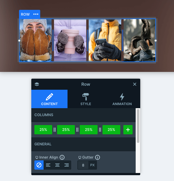Image columns layout setup in the Winter Fashion slider