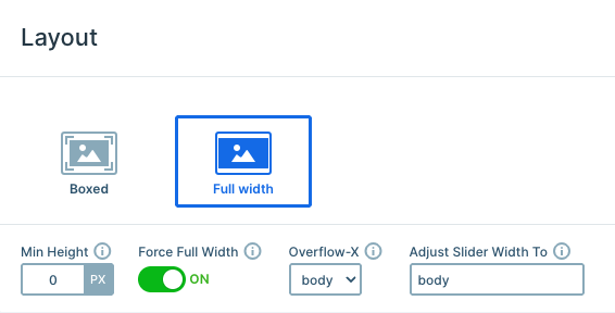 General and Layout settings for the Colorful carousel: Full width layout with Force Full Width enabled